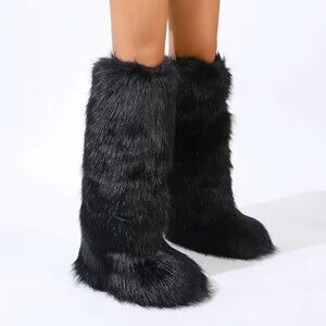 FUR BOOTS/LISBOA-BLACK CUFFED FAUX FUR BOOTIE (Size: Size 11)